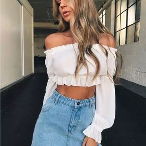 White off the shoulder, long sleeve cropped top